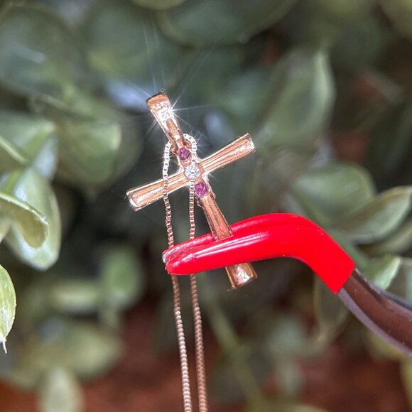 14k Gold Rubies/Diamond Cross Necklace - Picture 6 of 12